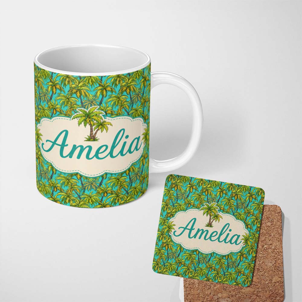 Personalized Custom Name Tropical Palm Tree Summer Beach Seamless Pattern on Blue Background 11oz Ceramic Coffee Tea Mug White Large Handle