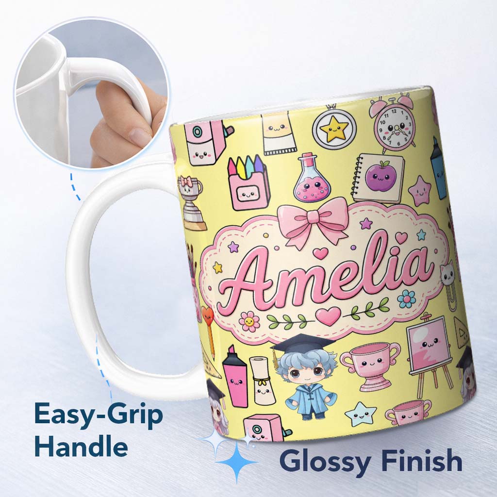 Personalized Custom Name Cute Kawaii Graduation School Science Art Supplies Pattern Yellow 11oz Ceramic Coffee Tea Mug White Large Handle