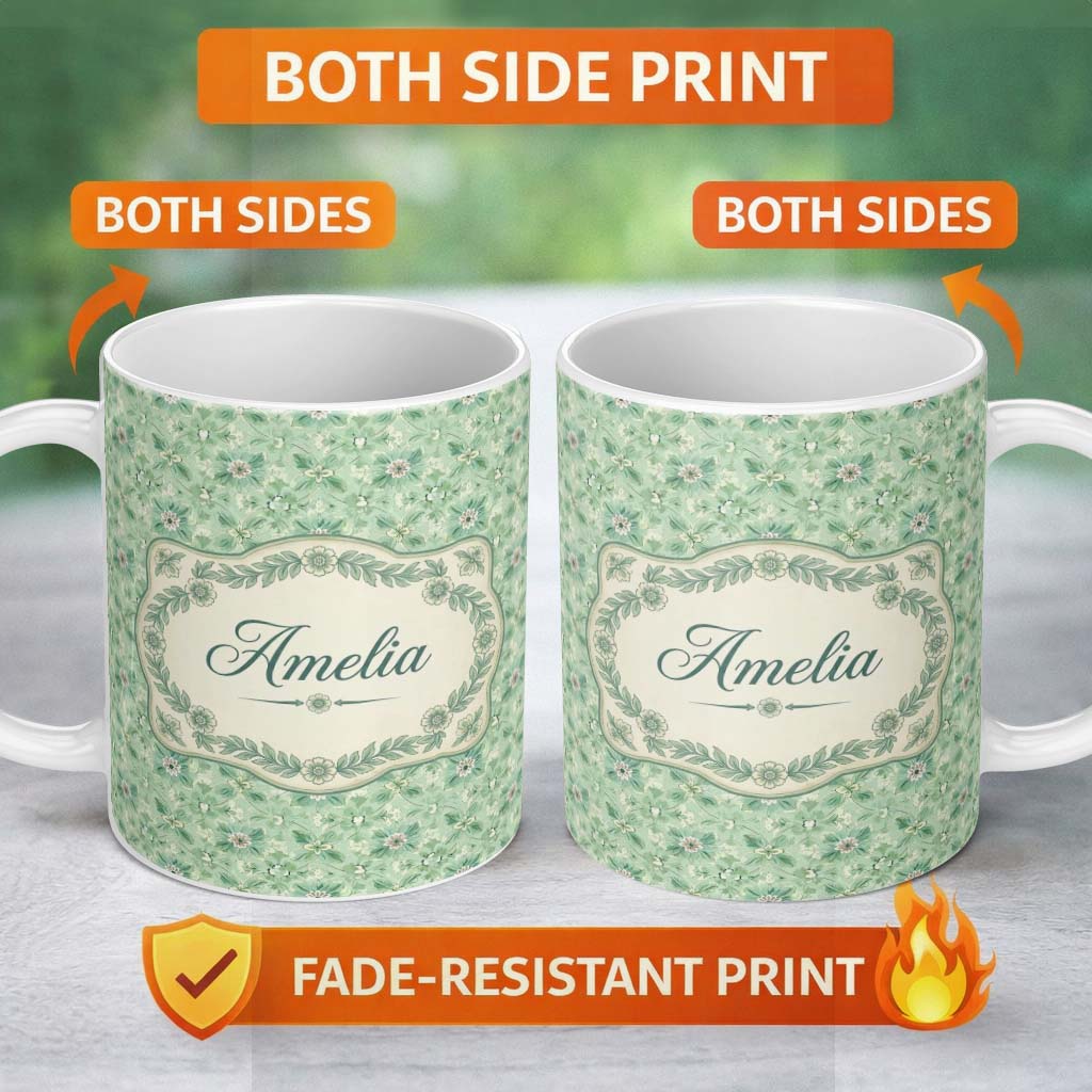Personalized Custom Name Elegant Green Floral Medallion Seamless Pattern Vintage Botanical 11oz Ceramic Coffee Tea Mug White Large Handle