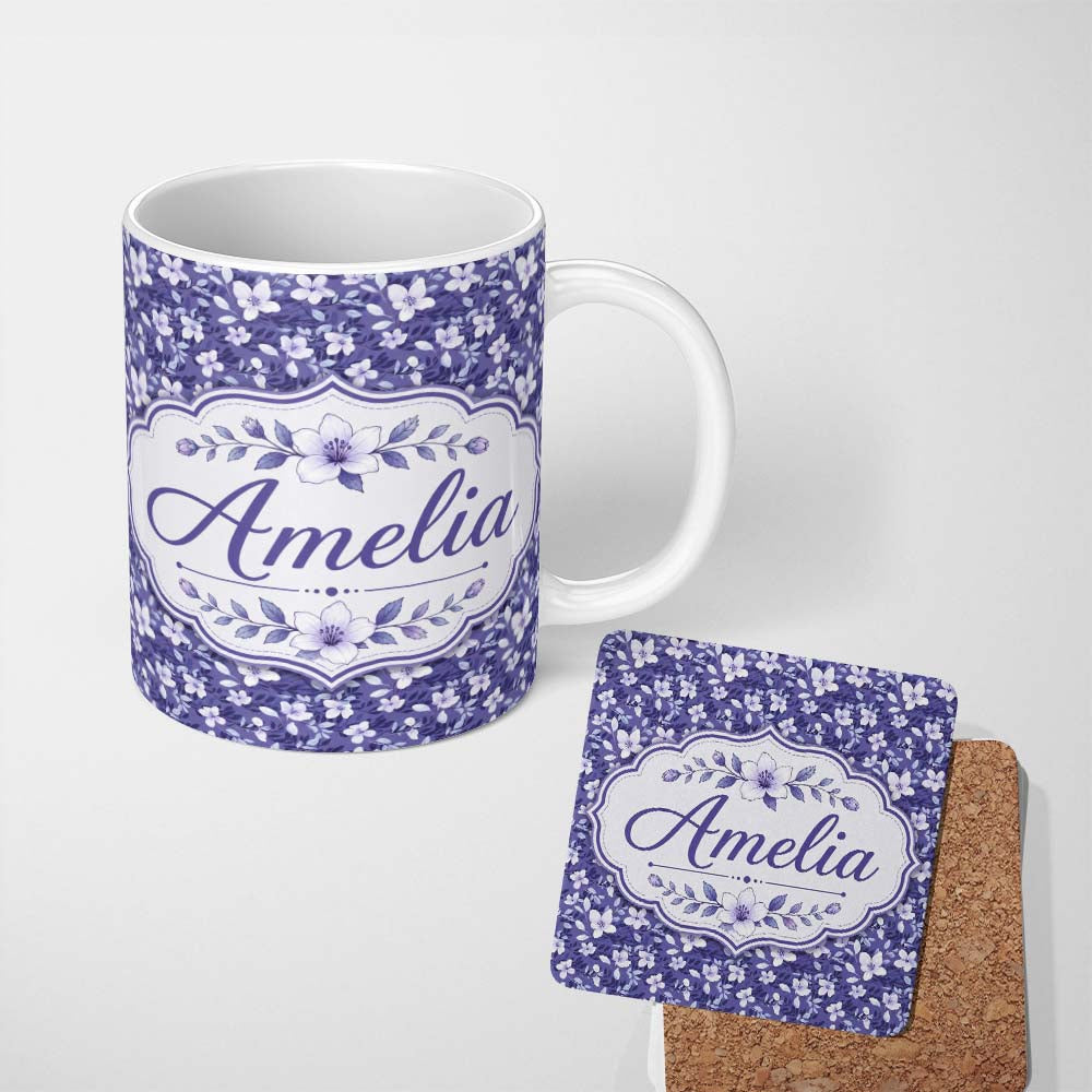 Personalized Custom Name Purple Blossom Floral Garden Seamless Pattern Thoughtful Gift Idea 11oz Ceramic Coffee Tea Mug White Large Handle