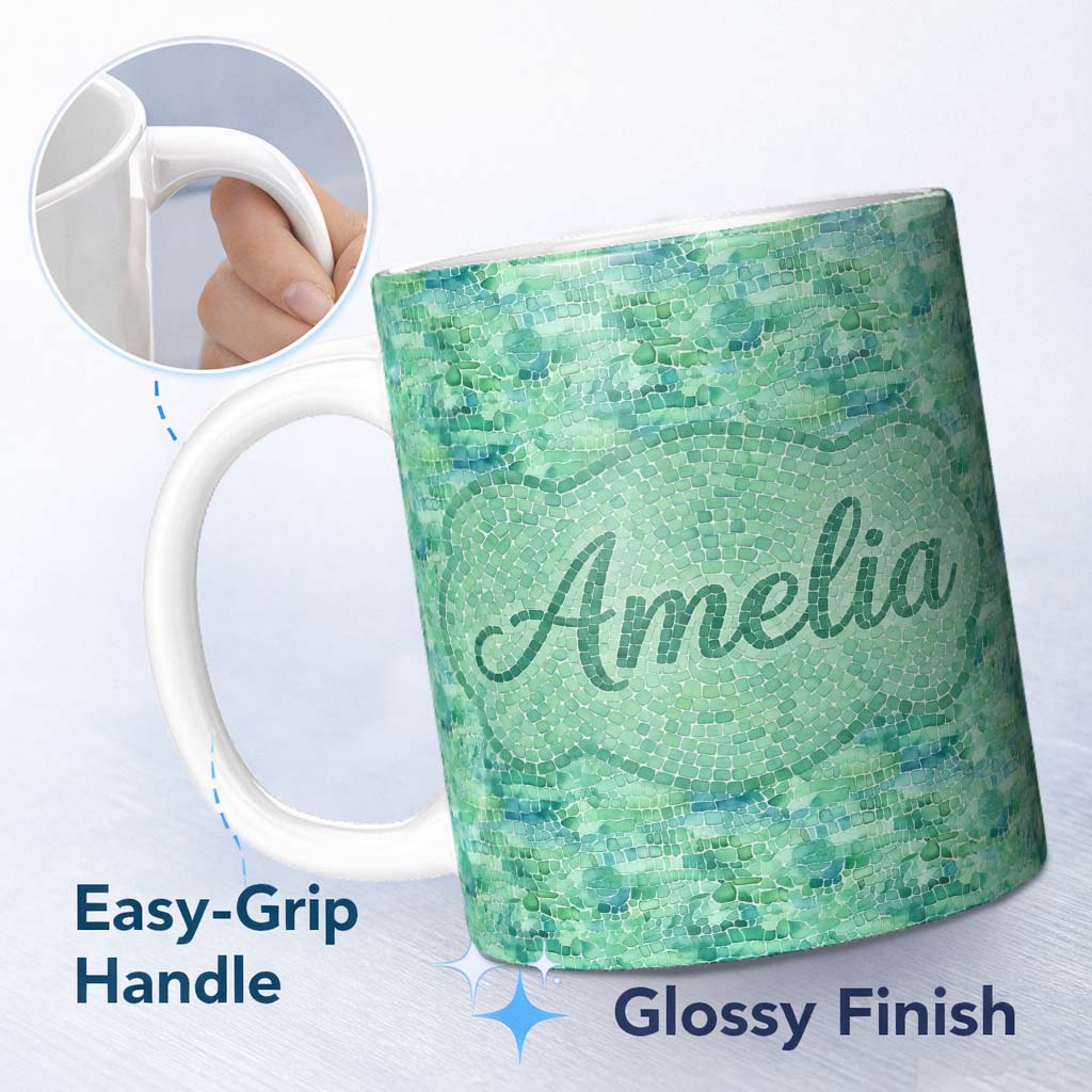 Personalized Custom Name Aqua Green Crocodile Texture Pattern Exotic Leather Effect Design 11oz Ceramic Coffee Tea Mug White Large Handle