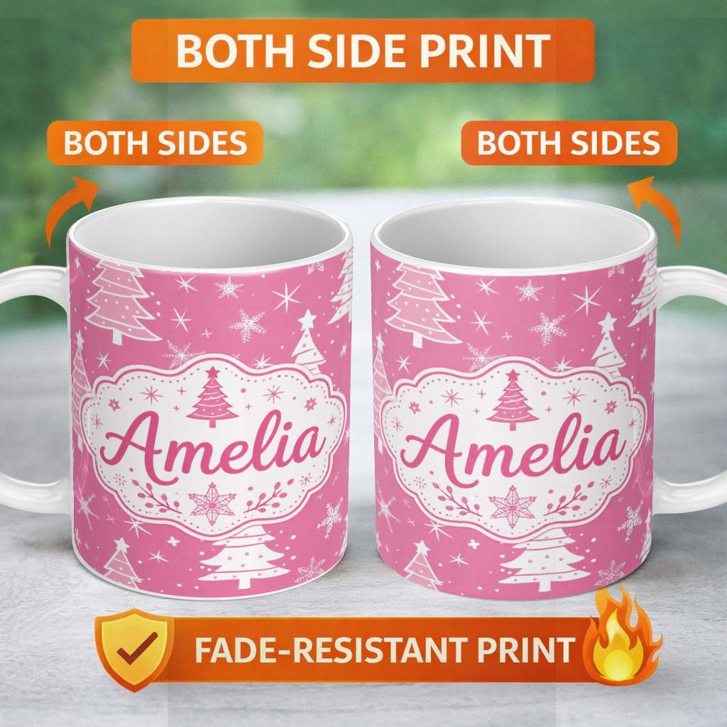 Personalized Custom Name Pink White Christmas Tree Snowflake Star Seamless Pattern Lovely 11oz Ceramic Coffee Tea Mug White Large Handle
