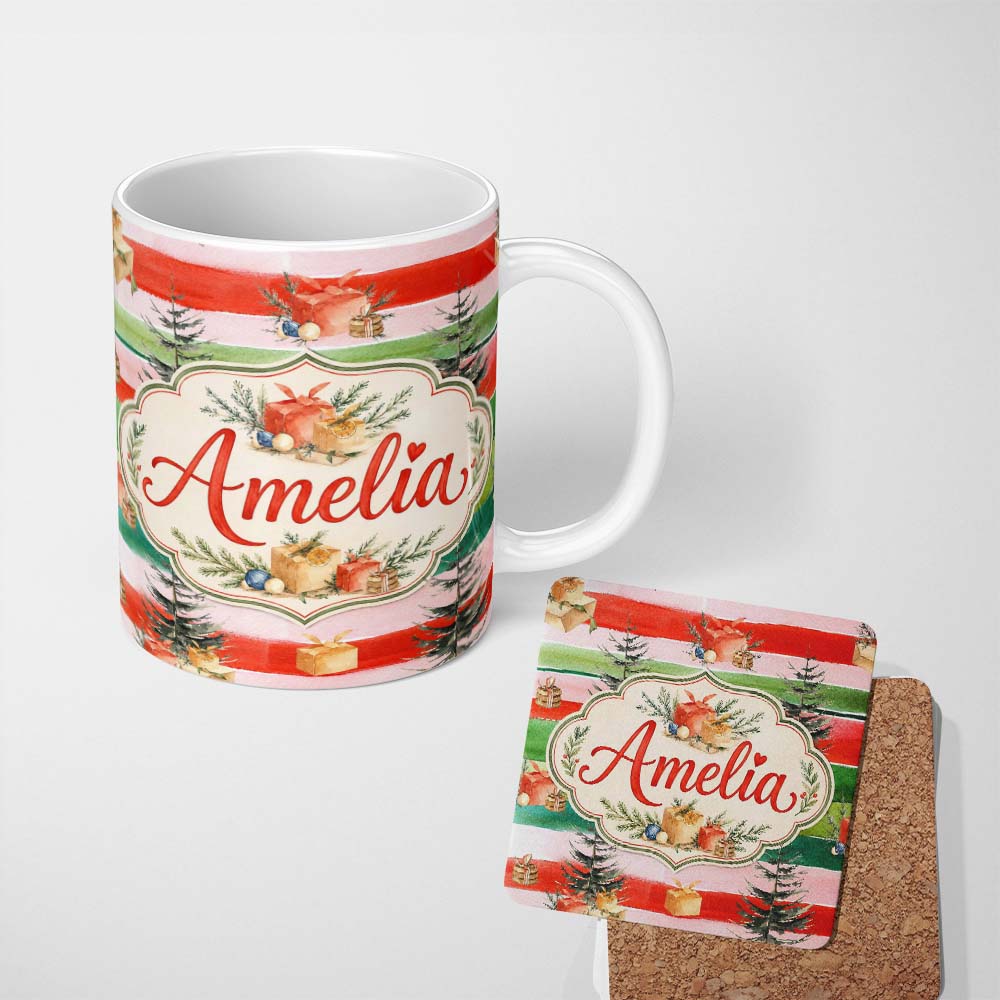 Personalized Custom Name Watercolor Christmas Gift Boxes Pine Trees Striped Holiday Seamless 11oz Ceramic Coffee Tea Mug White Large Handle