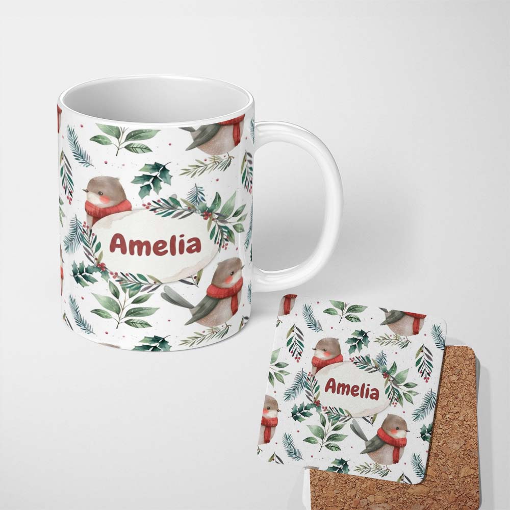Personalized Custom Name Cute Winter Birds with Scarf and Botanical Leaves Seamless Pattern 11oz Ceramic Coffee Tea Mug White Large Handle
