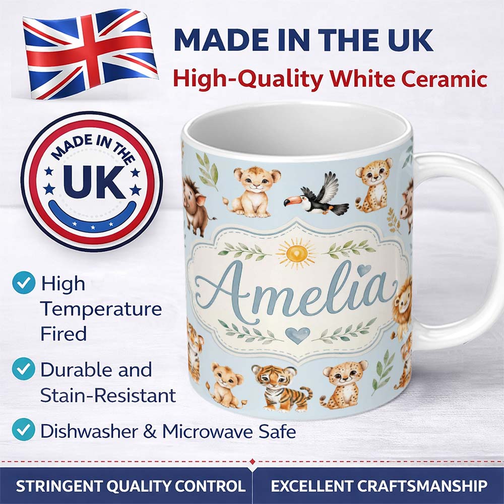 Personalized Custom Name Baby Safari Animals Leopard Tiger Lion on Pastel Blue Seamless 11oz Ceramic Coffee Tea Mug White Large Handle