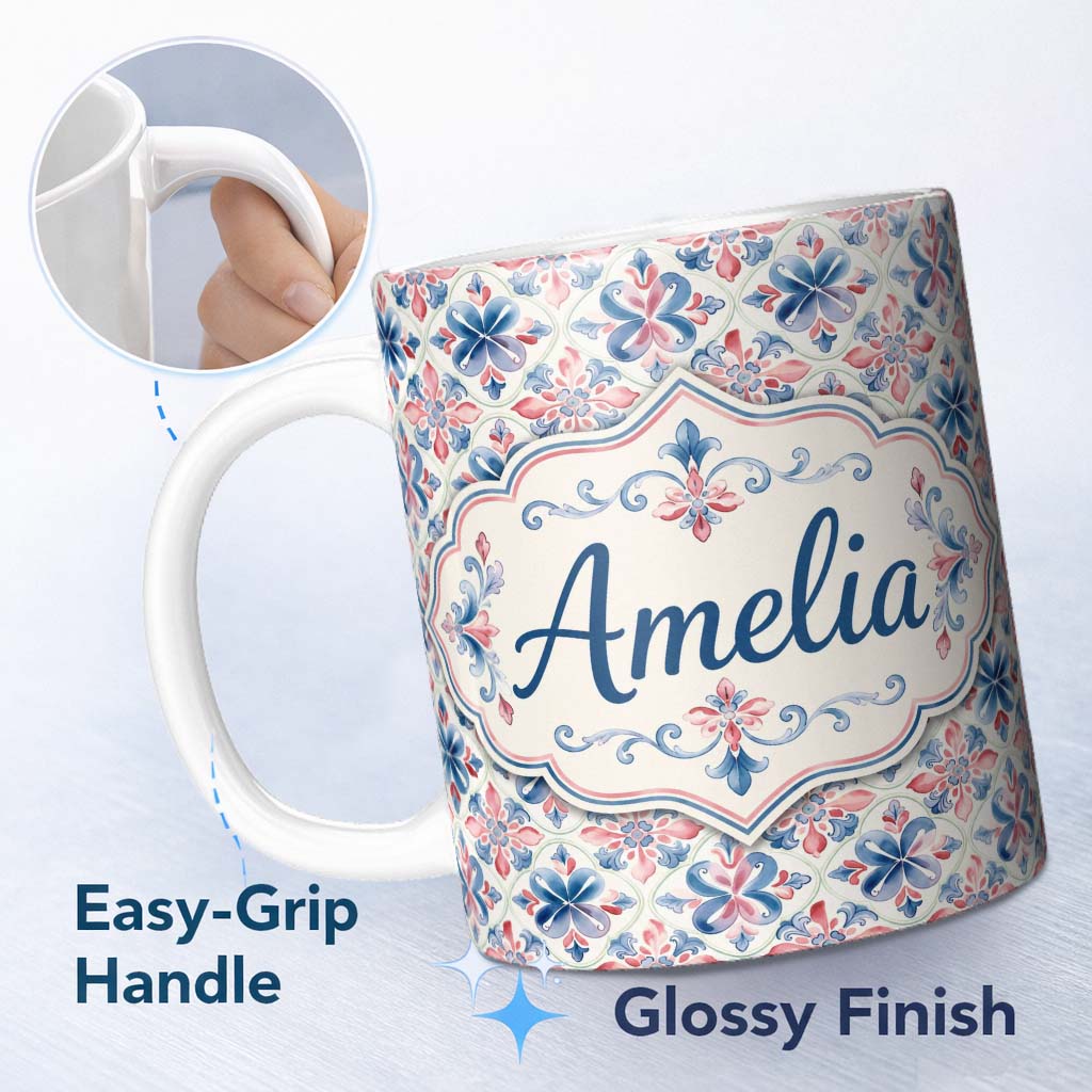 Personalized Custom Name Red and Blue Classic Floral Tile Pattern with Soft Vintage Symmetry 11oz Ceramic Coffee Tea Mug White Large Handle