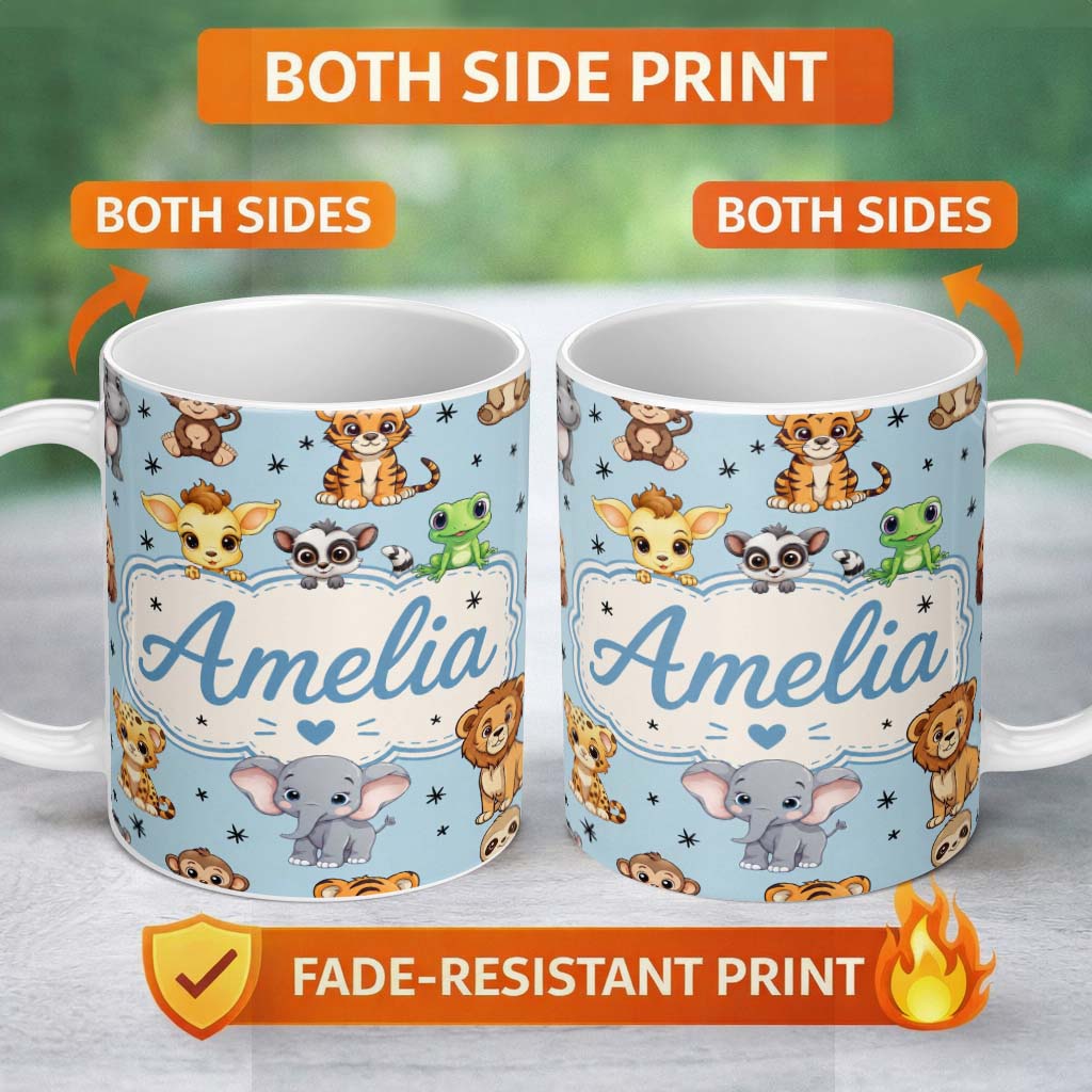 Personalized Custom Name Cute Jungle Baby Animals Lion Tiger Elephant Giraffe Pattern Blue 11oz Ceramic Coffee Tea Mug White Large Handle