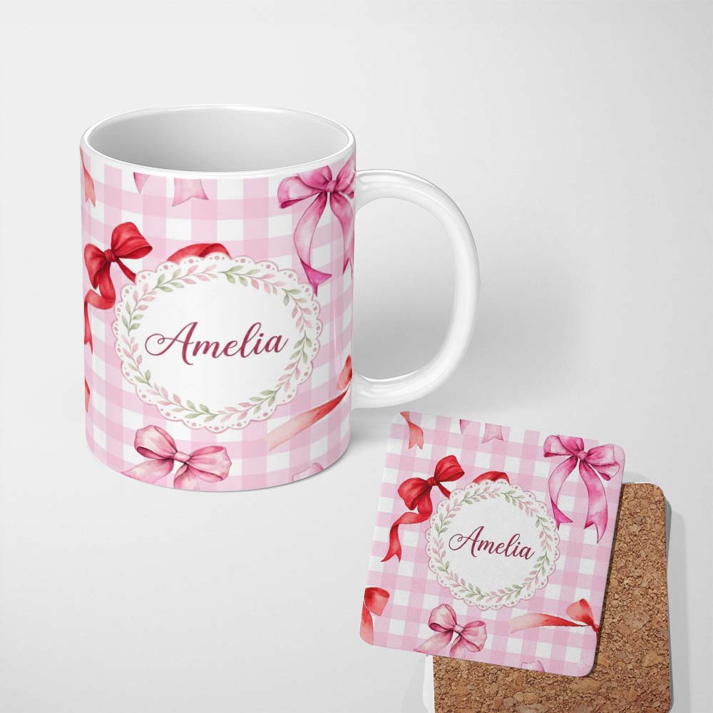 Personalized Custom Name Watercolor Red and Pink Ribbon Bows Pink Gingham Check Background 11oz Ceramic Coffee Tea Mug White Large Handle