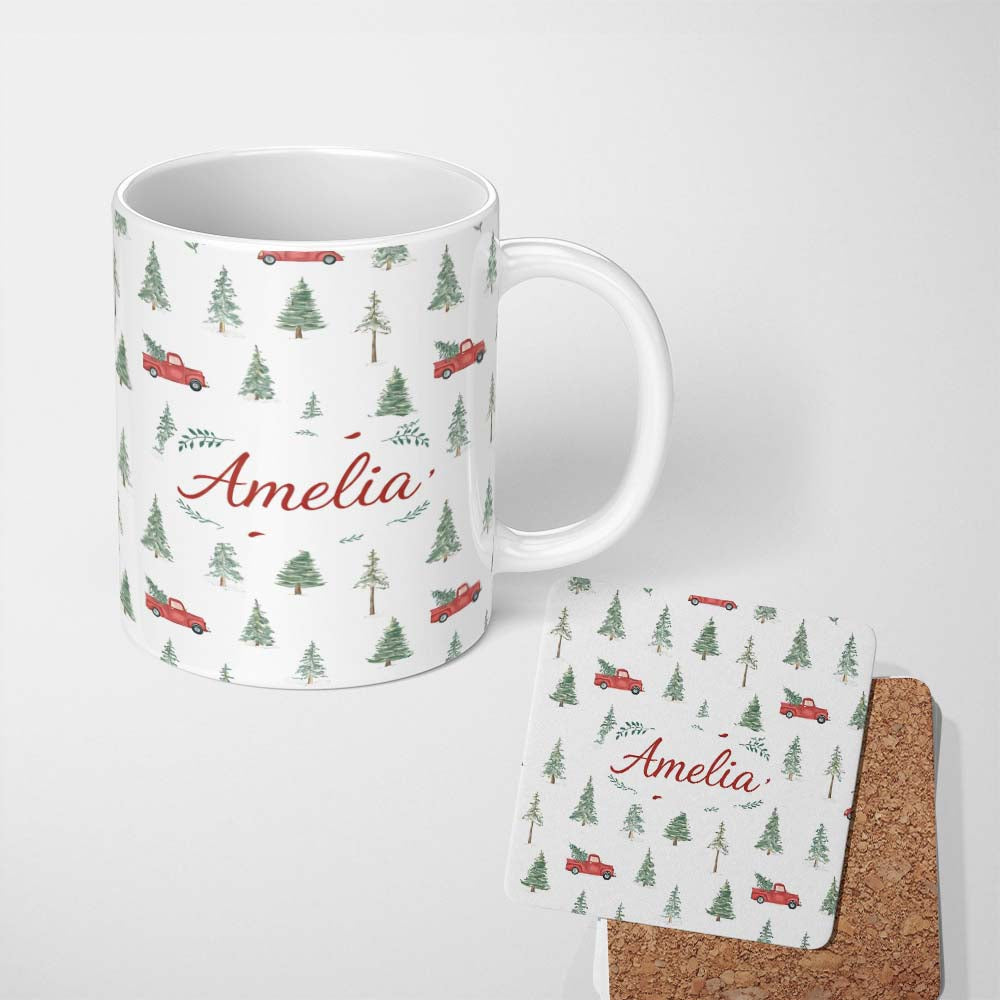 Personalized Custom Name Winter Forest Red Car Christmas Tree Pattern Seamless Design Lovely 11oz Ceramic Coffee Tea Mug White Large Handle