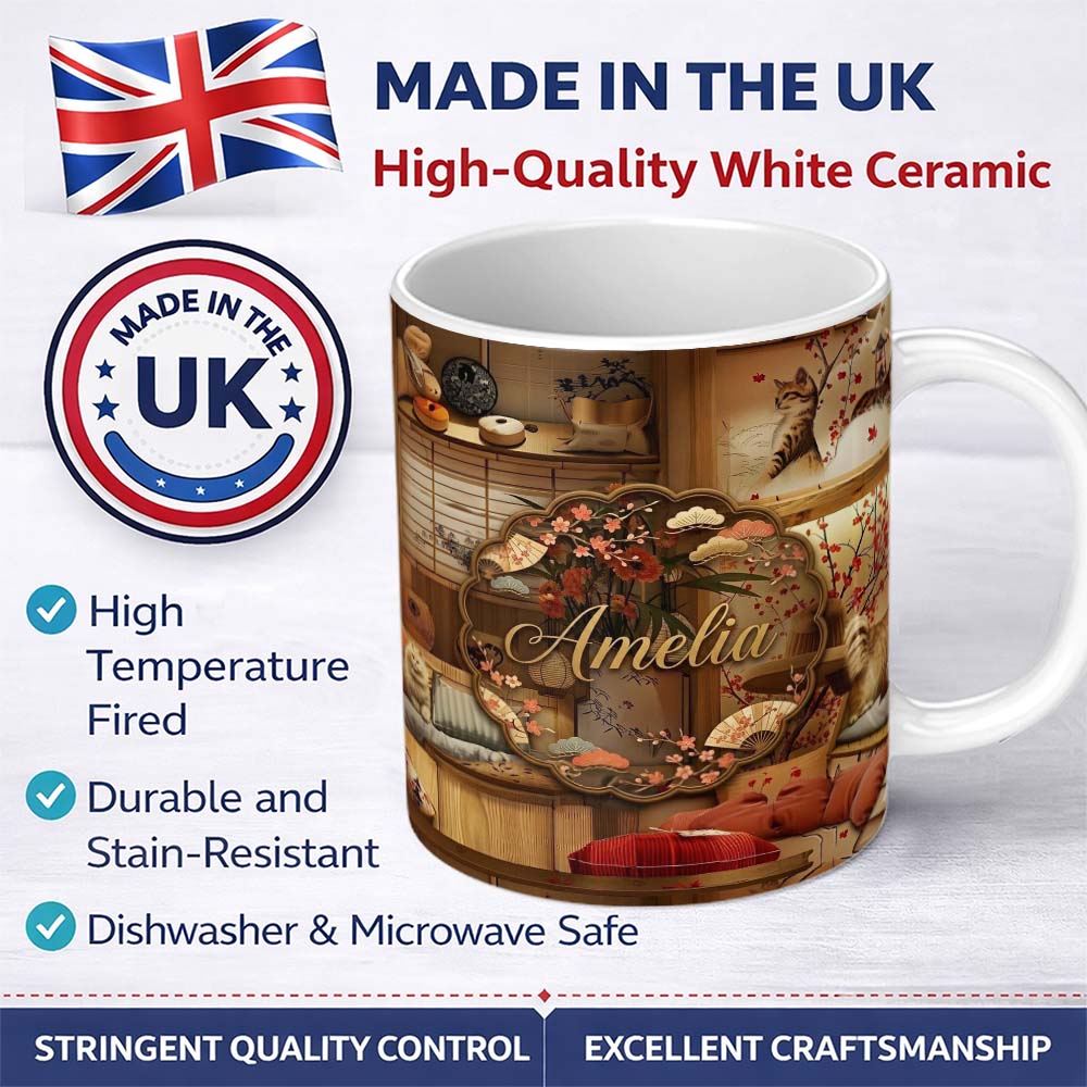 Personalized Custom Name Cozy Japanese Interior with Cats and Cherry Blossoms Pattern Warm 11oz Ceramic Coffee Tea Mug White Large Handle