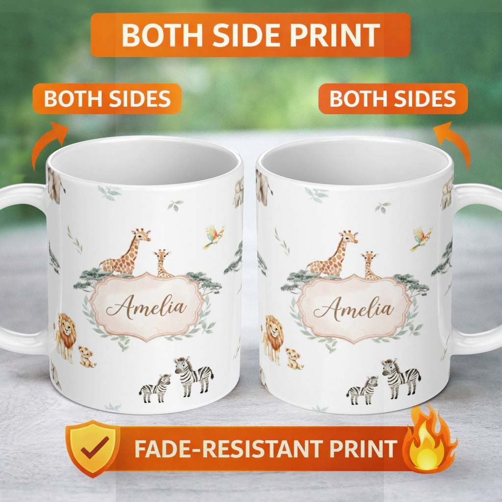 Personalized Custom Name Safari Animals Giraffe Lion Zebra on Light Grey Seamless Pattern 11oz Ceramic Coffee Tea Mug White Large Handle