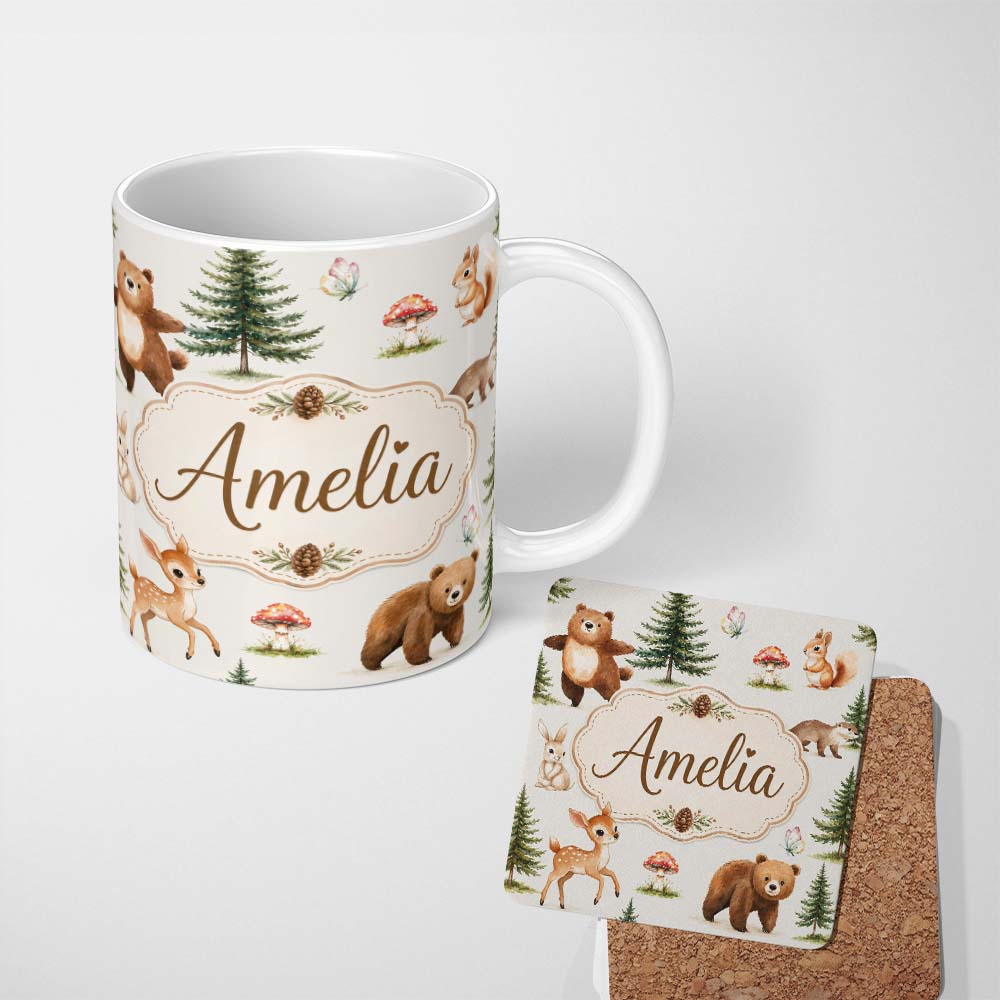 Personalized Custom Name Cute Woodland Forest Animals Bear Bunny Deer on Soft Neutral Lovely 11oz Ceramic Coffee Tea Mug White Large Handle