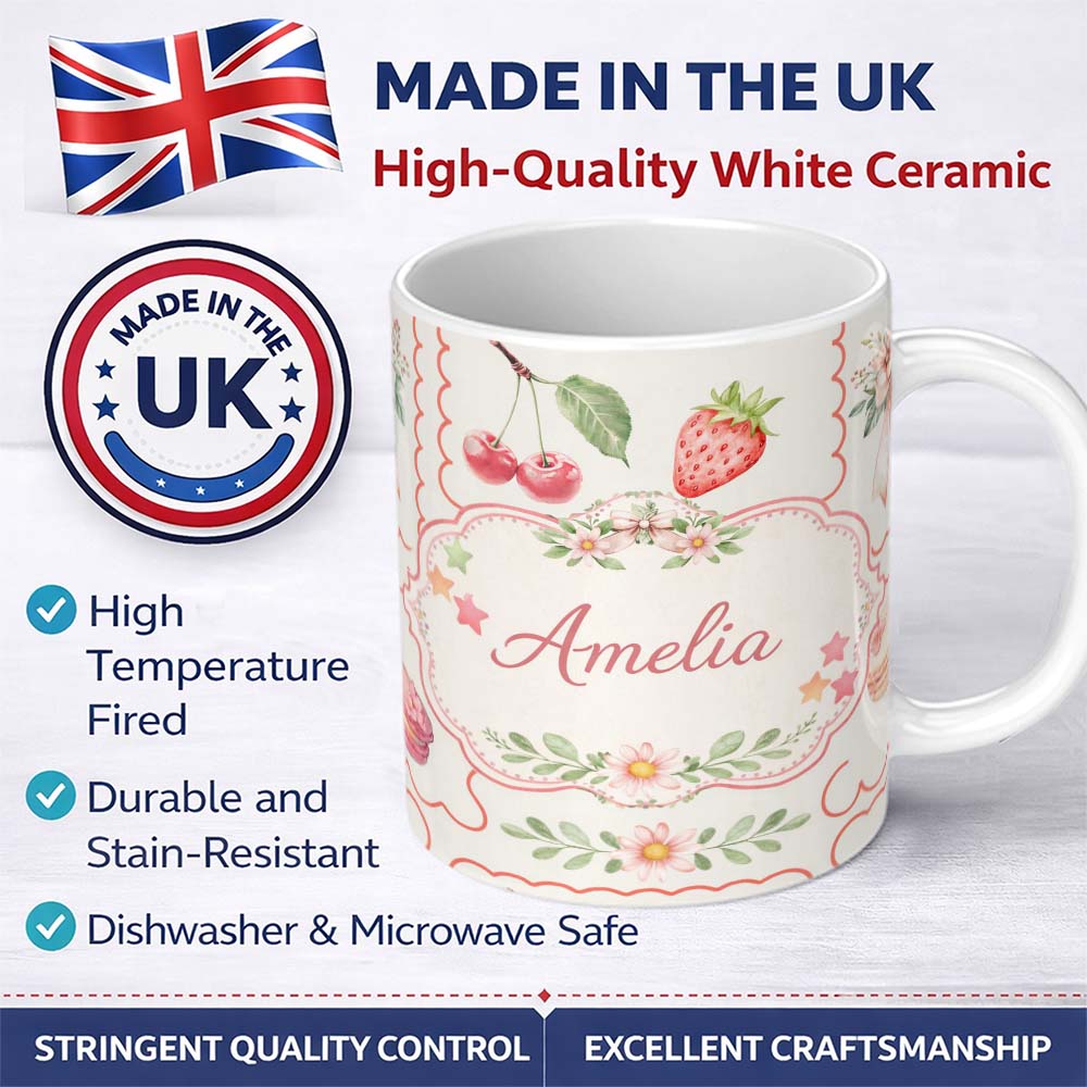 Personalized Custom Name Strawberry Cherry Bow Seamless Pattern Cute Pastel Coquette Design 11oz Ceramic Coffee Tea Mug White Large Handle