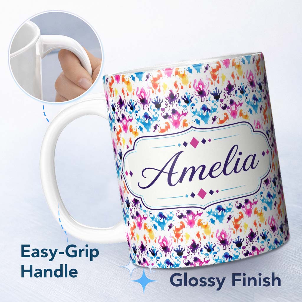 Personalized Custom Name Colorful Watercolor Ink Splash Abstract Artistic Seamless Pattern 11oz Ceramic Coffee Tea Mug White Large Handle