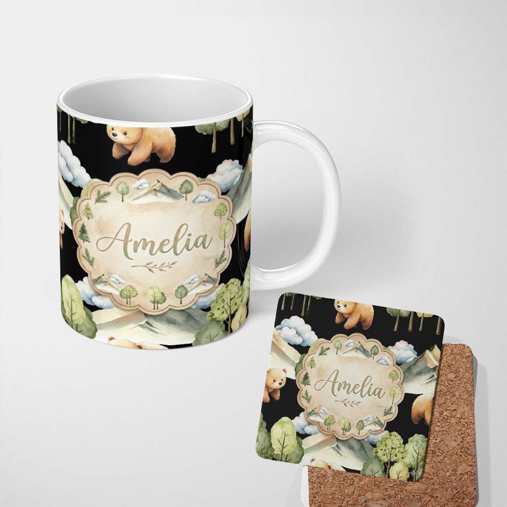Personalized Custom Name Watercolor Bear Forest Mountain Scenic Seamless Pattern Lovely 11oz Ceramic Coffee Tea Mug White Large Handle