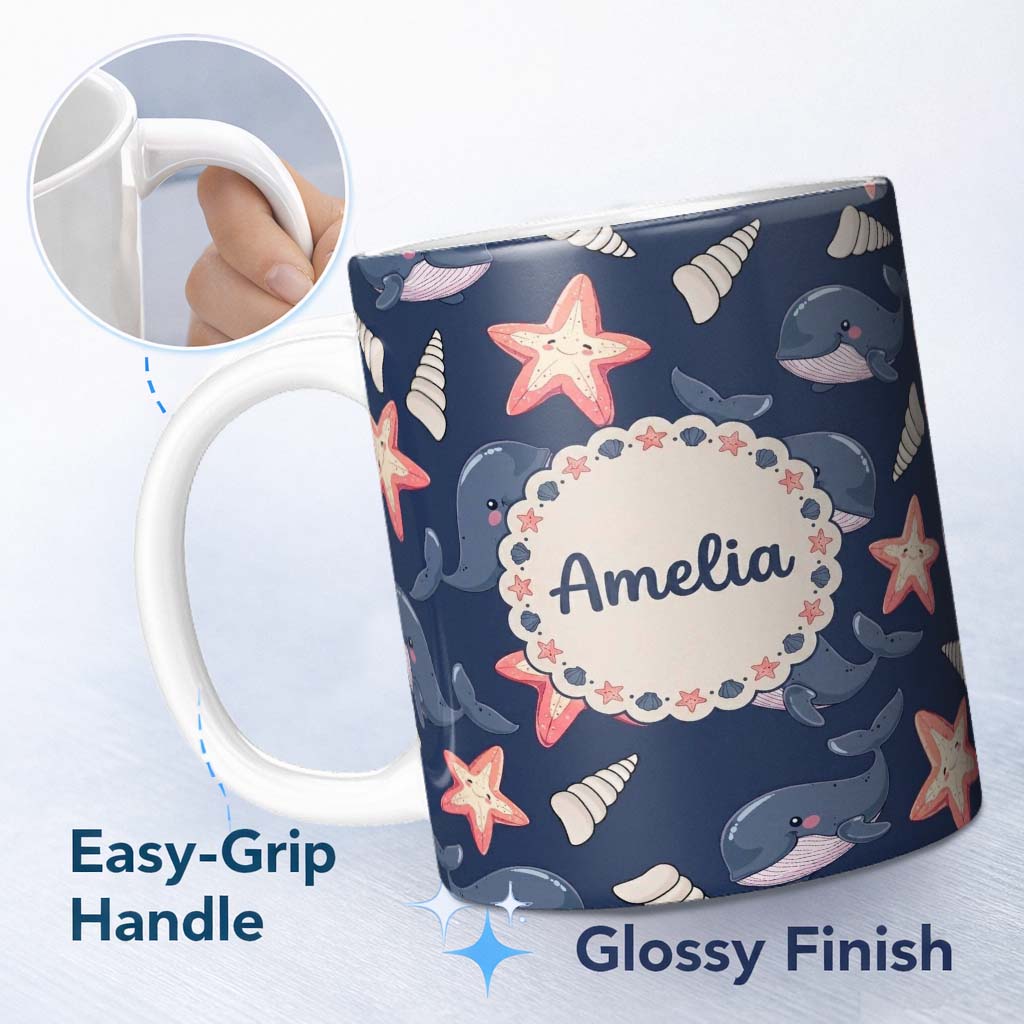 Personalized Custom Name Cute Kawaii Whale Starfish Seashell Ocean Animals Navy Background 11oz Ceramic Coffee Tea Mug White Large Handle