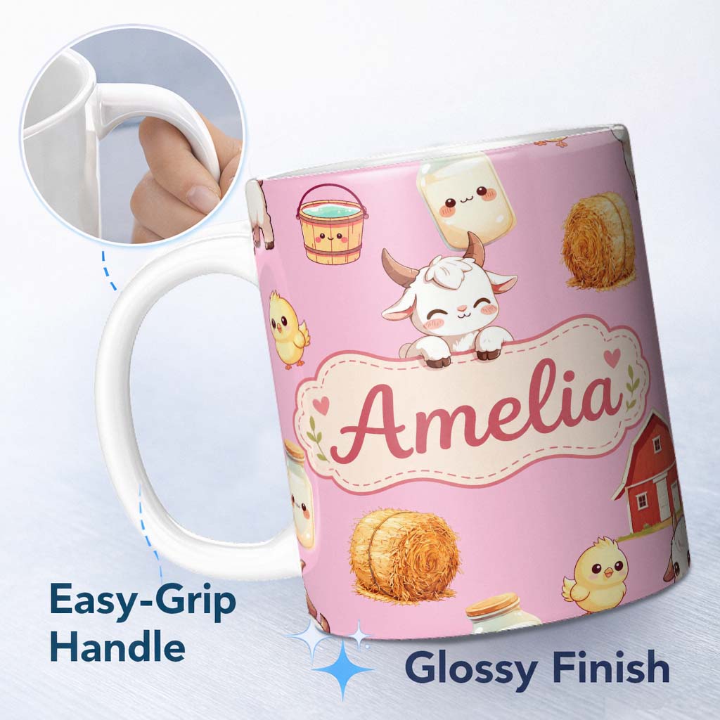 Personalized Custom Name Cute Farm Goat Barn Hay Bale Chick Milk Bucket Pink Background 11oz Ceramic Coffee Tea Mug White Large Handle