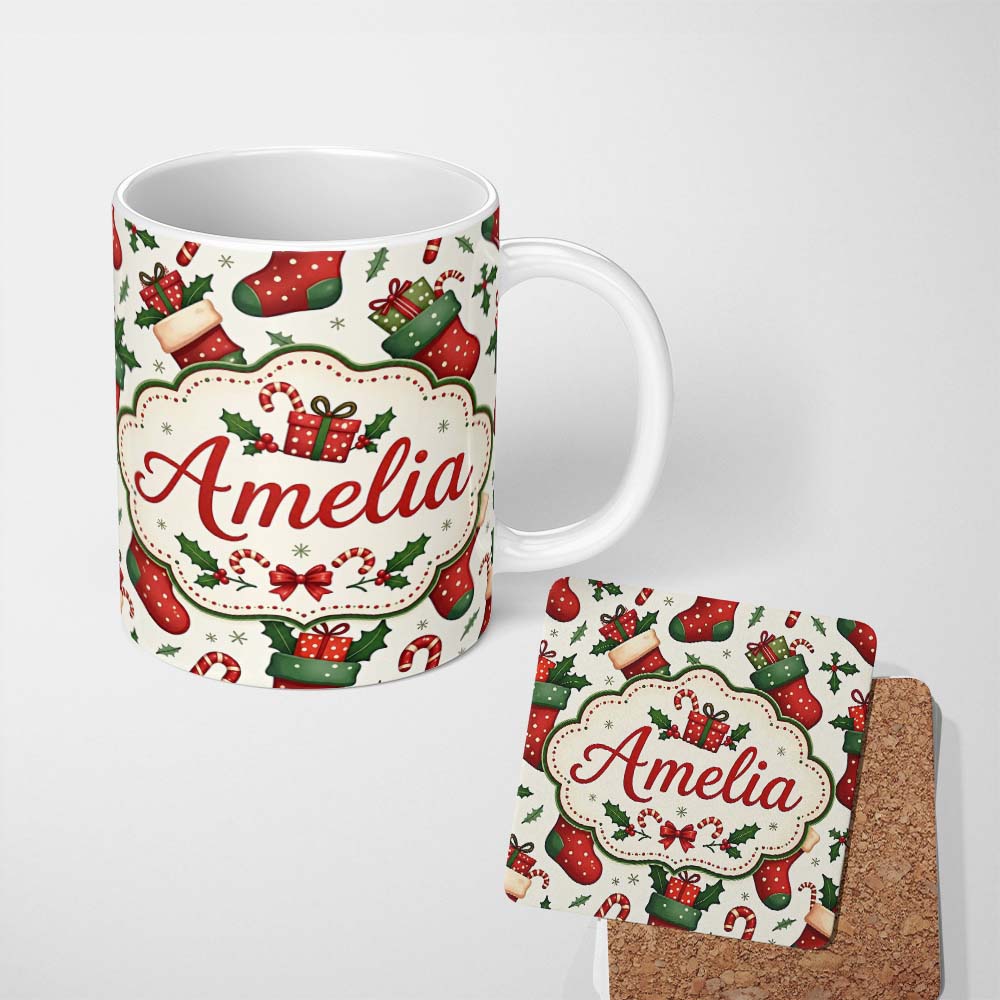 Personalized Custom Name Cute Christmas Stockings Gifts Candy Cane Holly Seamless Pattern 11oz Ceramic Coffee Tea Mug White Large Handle