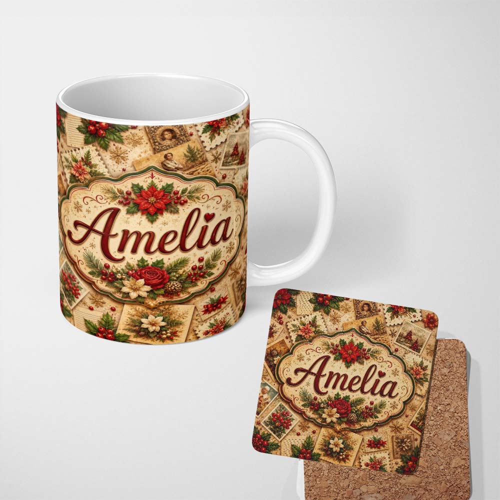 Personalized Custom Name Vintage Christmas Cards Floral Arrangements and Rustic Holiday 11oz Ceramic Coffee Tea Mug White Large Handle