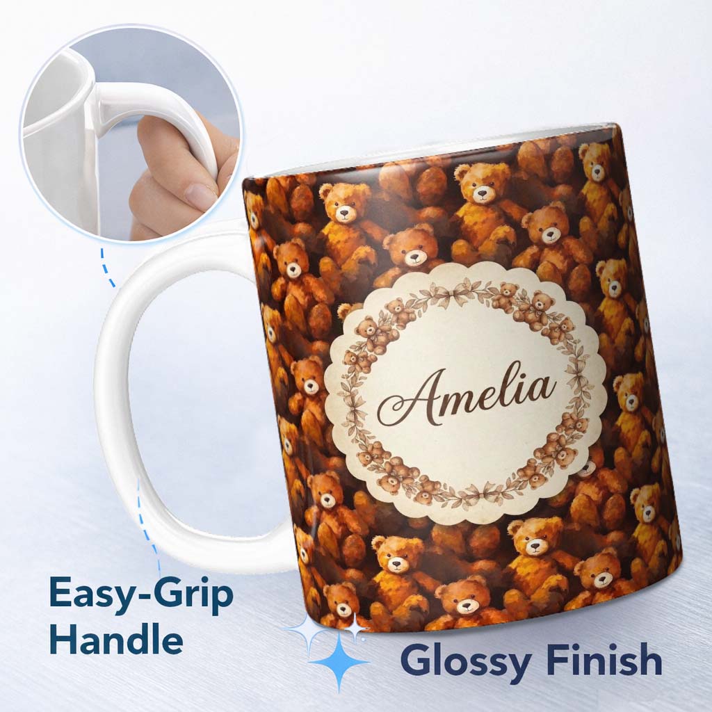 Personalized Custom Name Warm Brown Teddy Bear Painterly Style Seamless Pattern Lovely 11oz Ceramic Coffee Tea Mug White Large Handle
