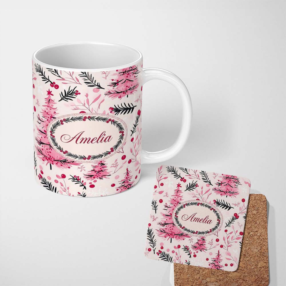 Personalized Custom Name Watercolor Pink Christmas Trees Berries Branches Seamless Pattern 11oz Ceramic Coffee Tea Mug White Large Handle