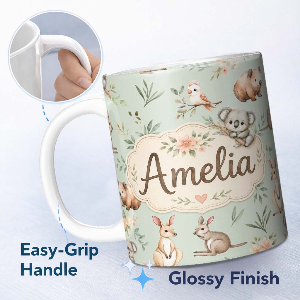 Personalized Custom Name Woodland Animals Koala Kangaroo Bear Floral Mint Green Seamless 11oz Ceramic Coffee Tea Mug White Large Handle