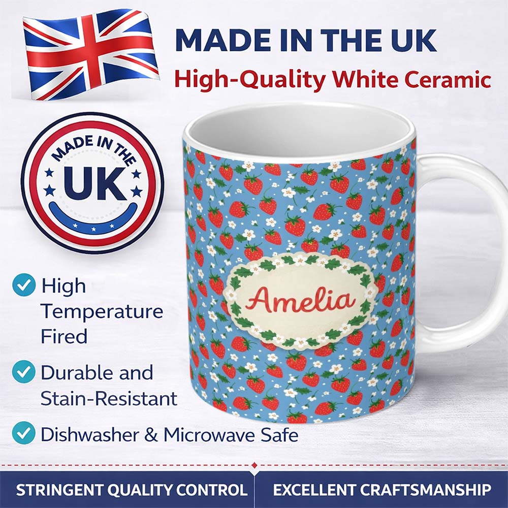 Personalized Custom Name Cute Simple Strawberries and Flowers on Blue Background Seamless 11oz Ceramic Coffee Tea Mug White Large Handle