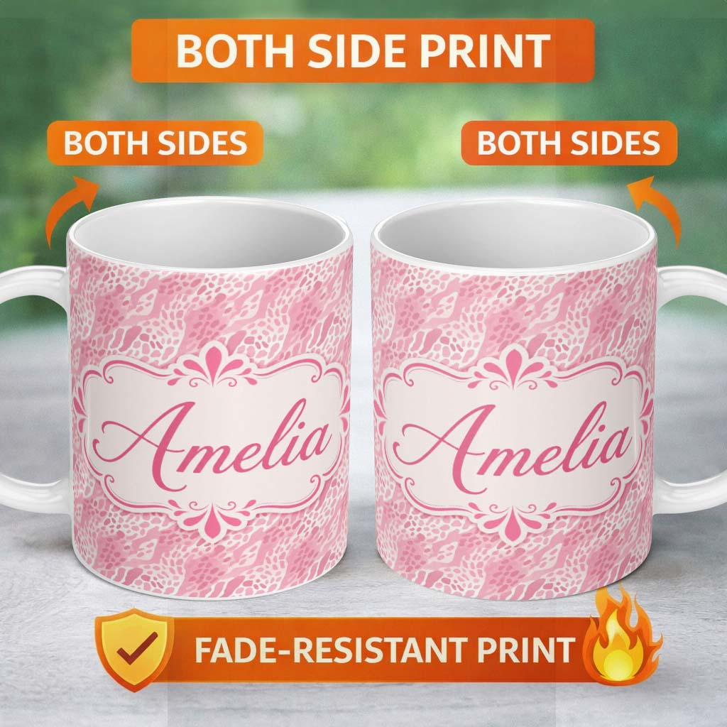 Personalized Custom Name Deep Pink and Beige Leopard Style Watercolour Seamless Pattern 11oz Ceramic Coffee Tea Mug White Large Handle