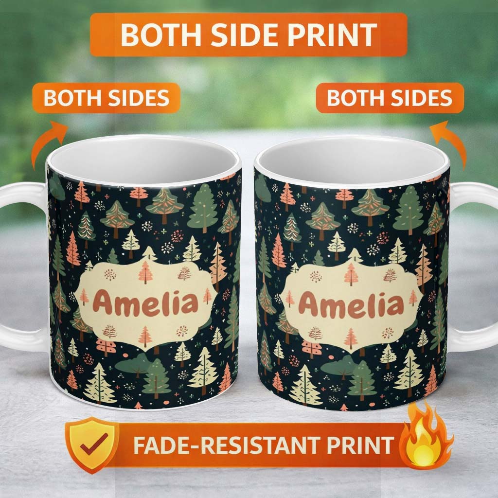 Personalized Custom Name Winter Forest Christmas Trees with Snowflakes on Dark Background 11oz Ceramic Coffee Tea Mug White Large Handle