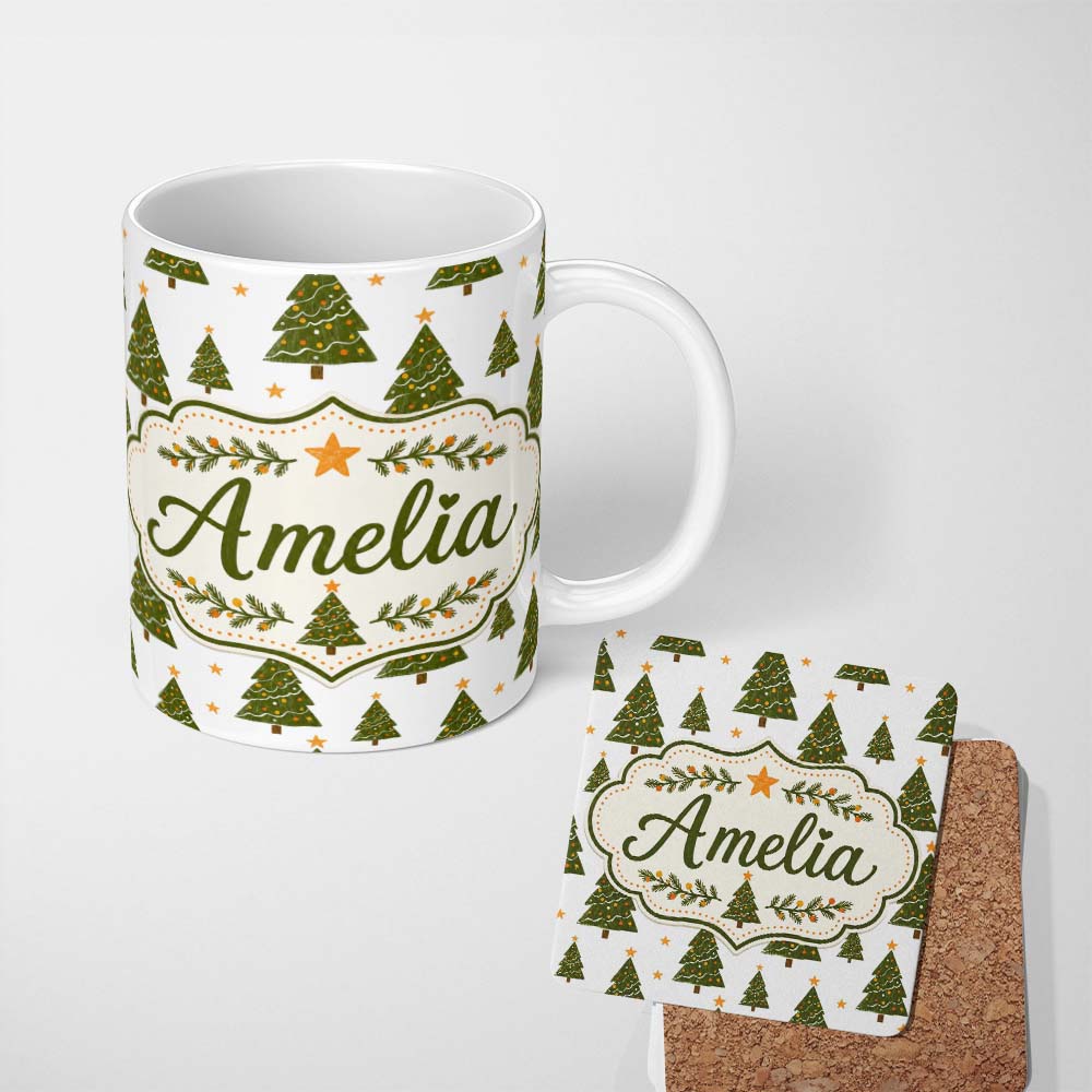 Personalized Custom Name Cute Christmas Trees with Golden Stars Minimal Holiday Seamless 11oz Ceramic Coffee Tea Mug White Large Handle