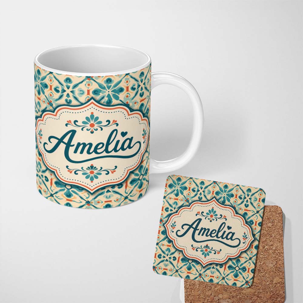 Personalized Custom Name Teal and Coral Geometric Floral Tile Pattern on Warm Cream Lovely 11oz Ceramic Coffee Tea Mug White Large Handle