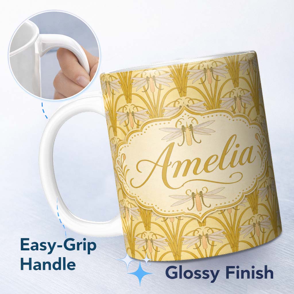 Personalized Custom Name Vintage Art Nouveau Dragonfly Floral Elegant Seamless Pattern Lovely 11oz Ceramic Coffee Tea Mug White Large Handle