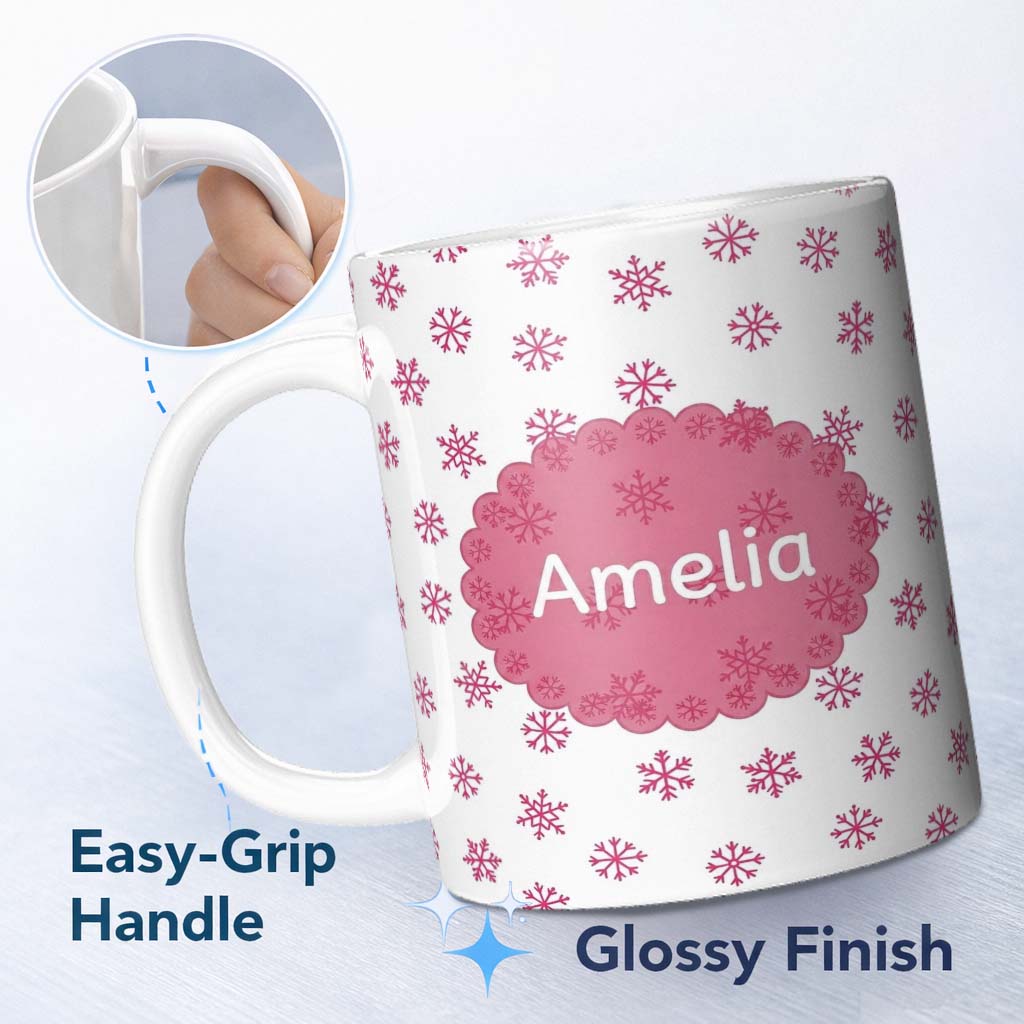Personalized Custom Name Simple Pink Snowflake Polka Dot Winter Seamless Pattern Lovely 11oz Ceramic Coffee Tea Mug White Large Handle