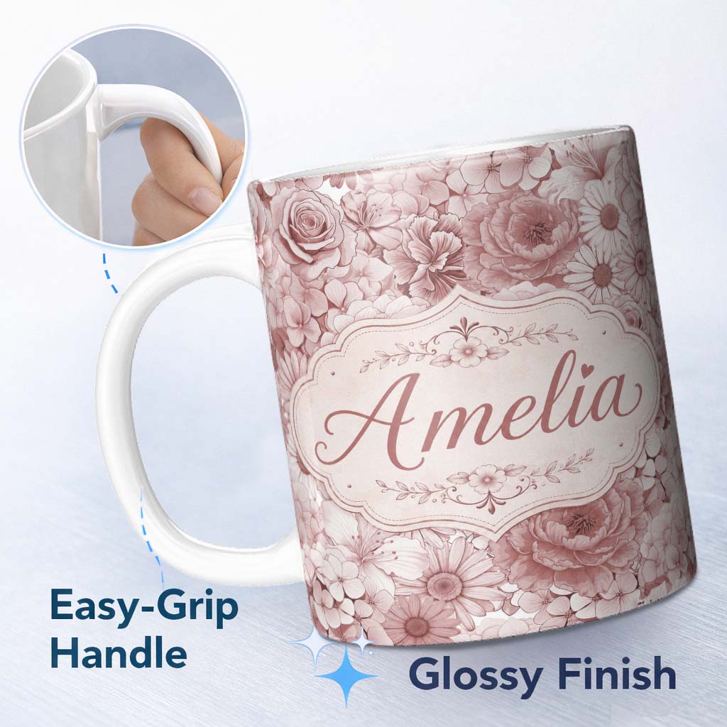 Personalized Custom Name Warm Blush Pink Floral Bouquet Seamless Pattern with Roses Peonies 11oz Ceramic Coffee Tea Mug White Large Handle
