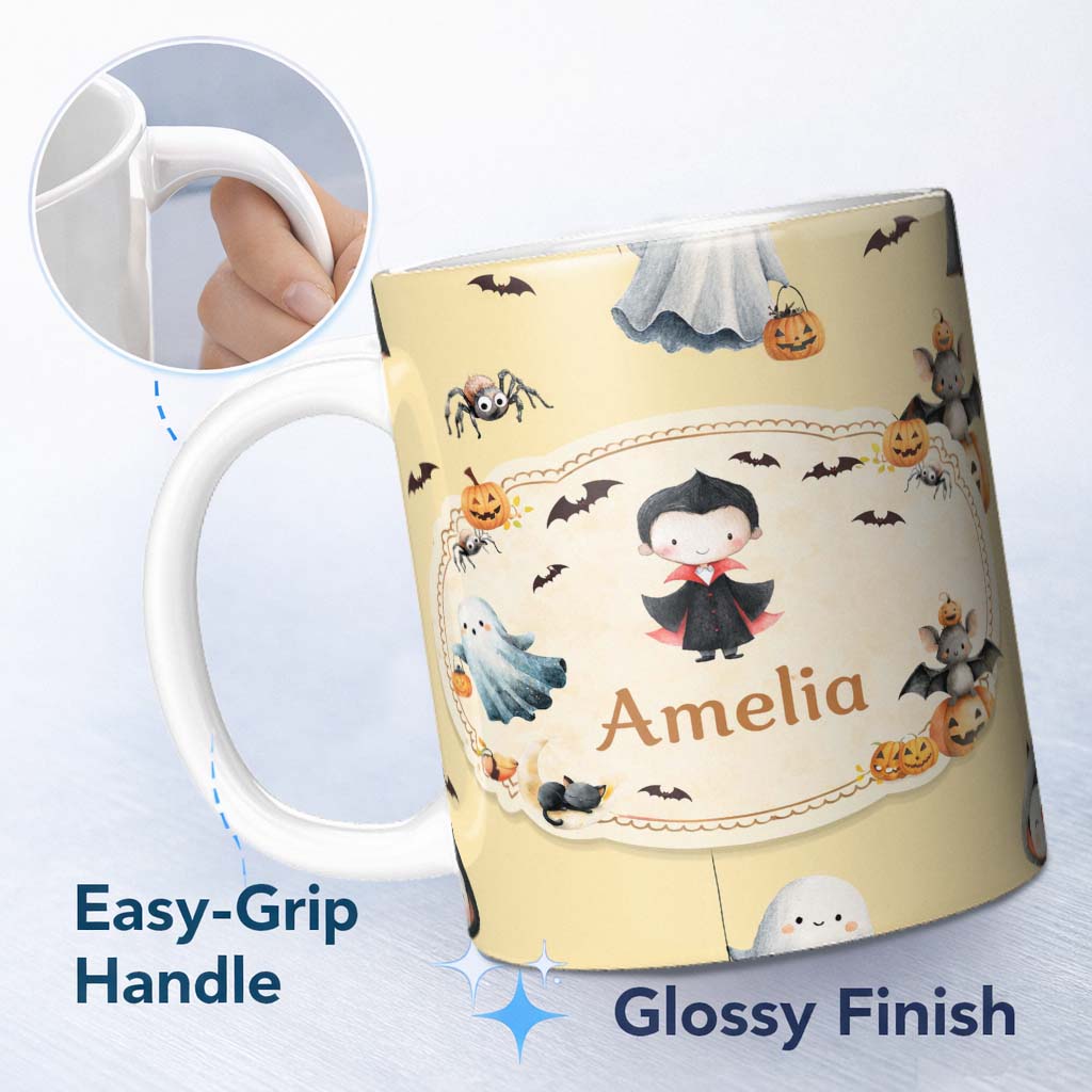 Personalized Custom Name Cute Halloween Dracula Ghost Bats on Warm Beige Background Seamless 11oz Ceramic Coffee Tea Mug White Large Handle