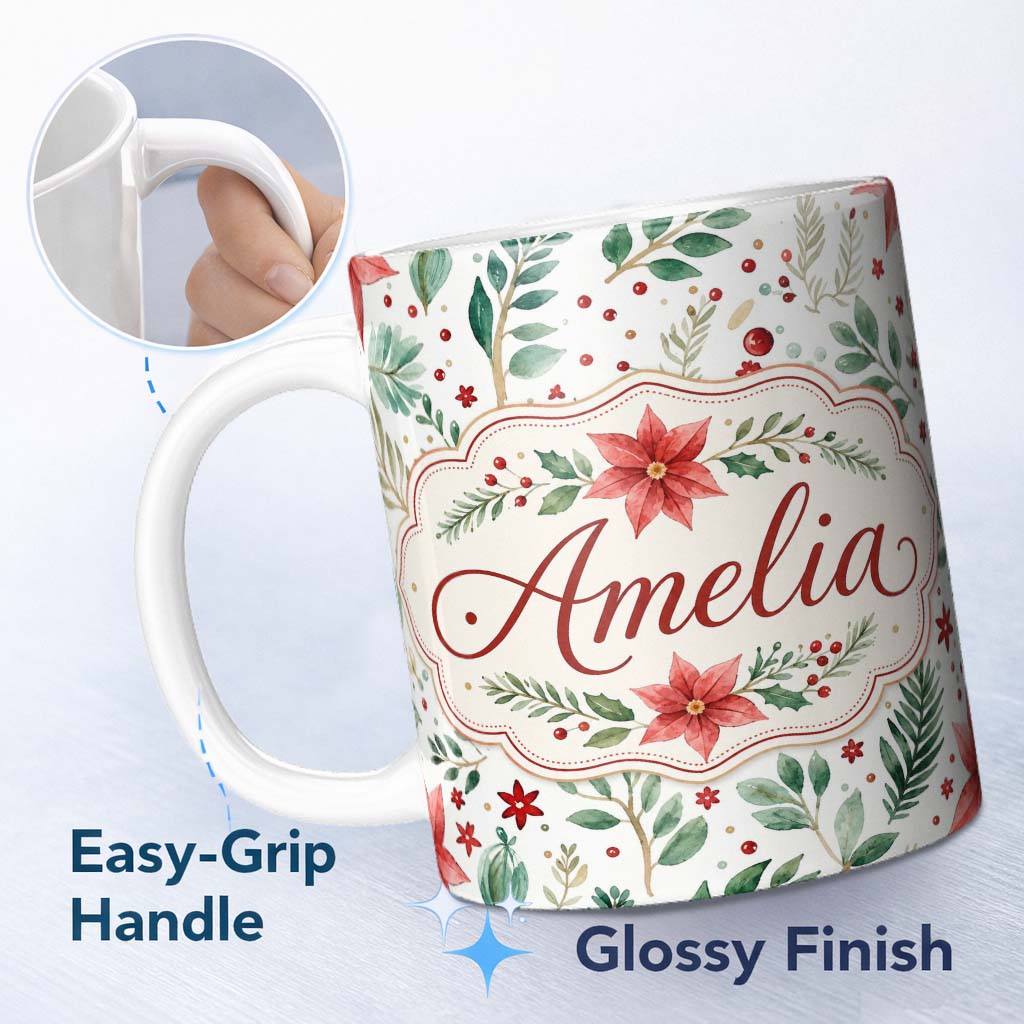 Personalized Custom Name Delicate Christmas Poinsettia Leaves Botanical Watercolor Seamless 11oz Ceramic Coffee Tea Mug White Large Handle
