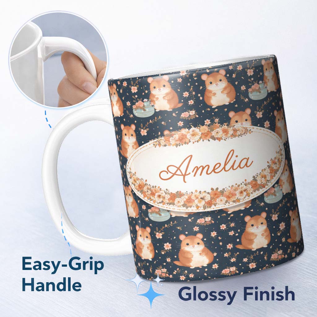 Personalized Custom Name Cute Hamster Floral Teapot Seamless Pattern Perfect Gift for Her 11oz Ceramic Coffee Tea Mug White Large Handle