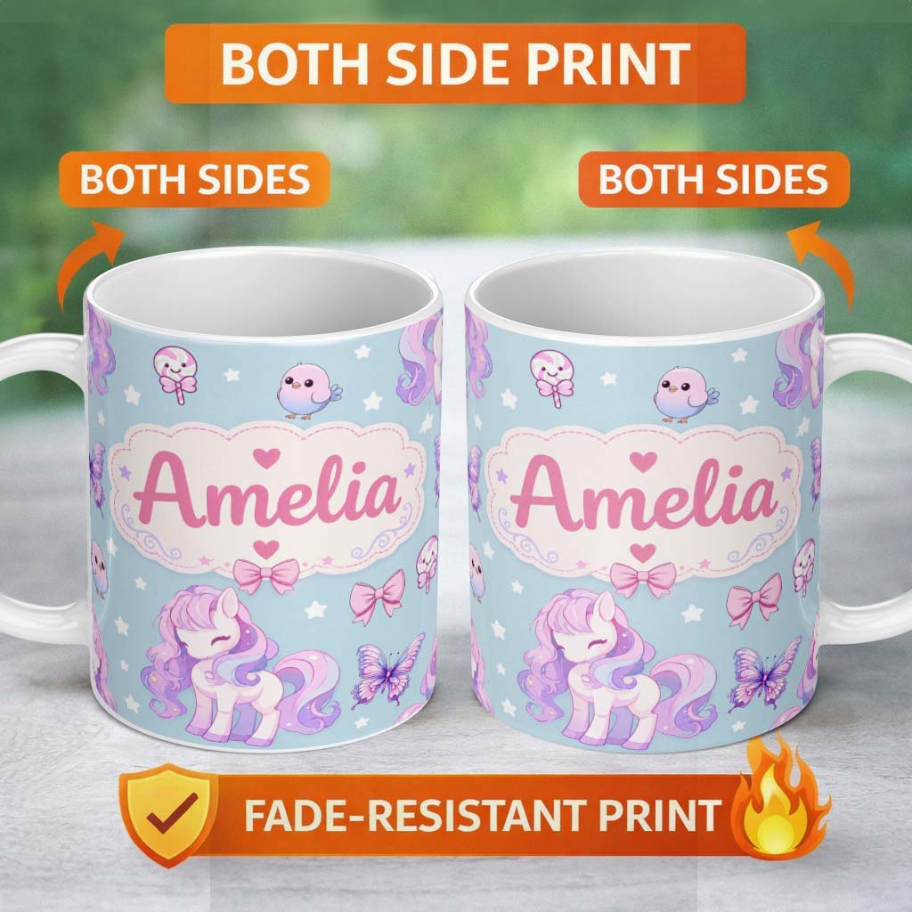 Custom Name Cute Pastel Unicorn Butterfly Candy Stars Blue Background Seamless 11oz Ceramic Coffee Tea Mug White Large Handle