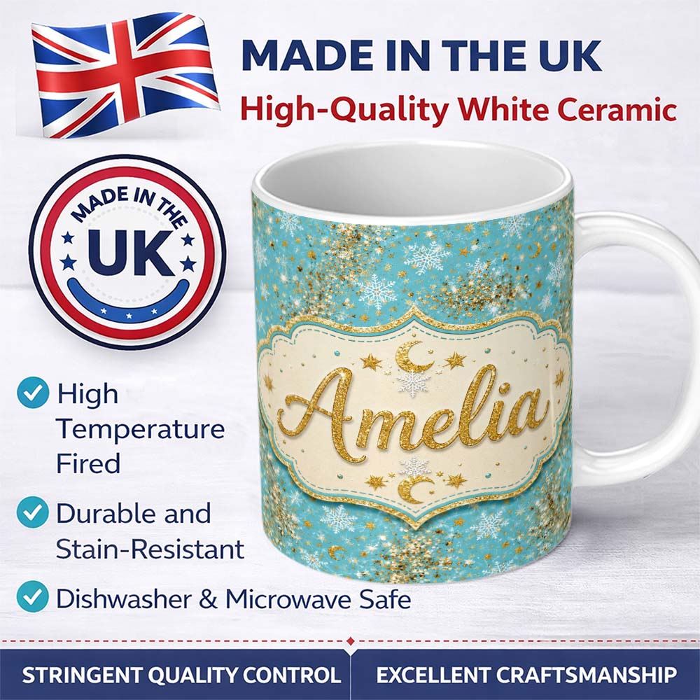 Personalized Custom Name Light Blue Gold Snowflake Star Glitter Christmas Seamless Pattern 11oz Ceramic Coffee Tea Mug White Large Handle