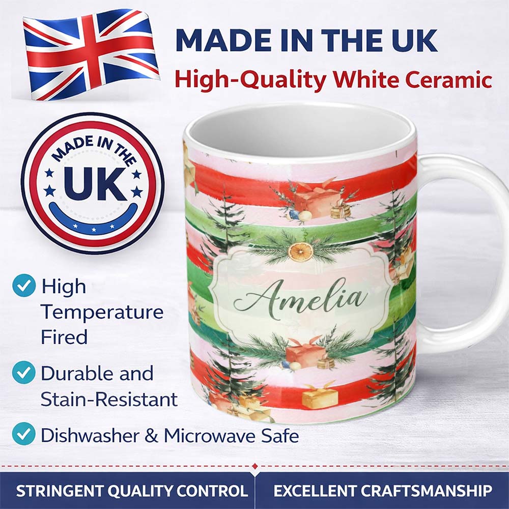 Personalized Custom Name Watercolor Christmas Tree Gift Box Stripe Background Seamless Lovely 11oz Ceramic Coffee Tea Mug White Large Handle
