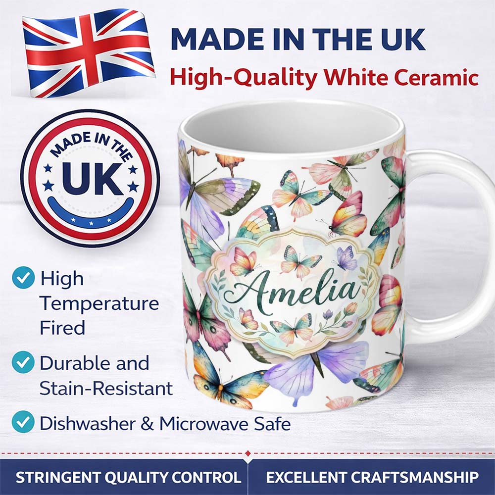 Personalized Custom Name Pastel Watercolor Butterflies Yellow Background Seamless Pattern 11oz Ceramic Coffee Tea Mug White Large Handle