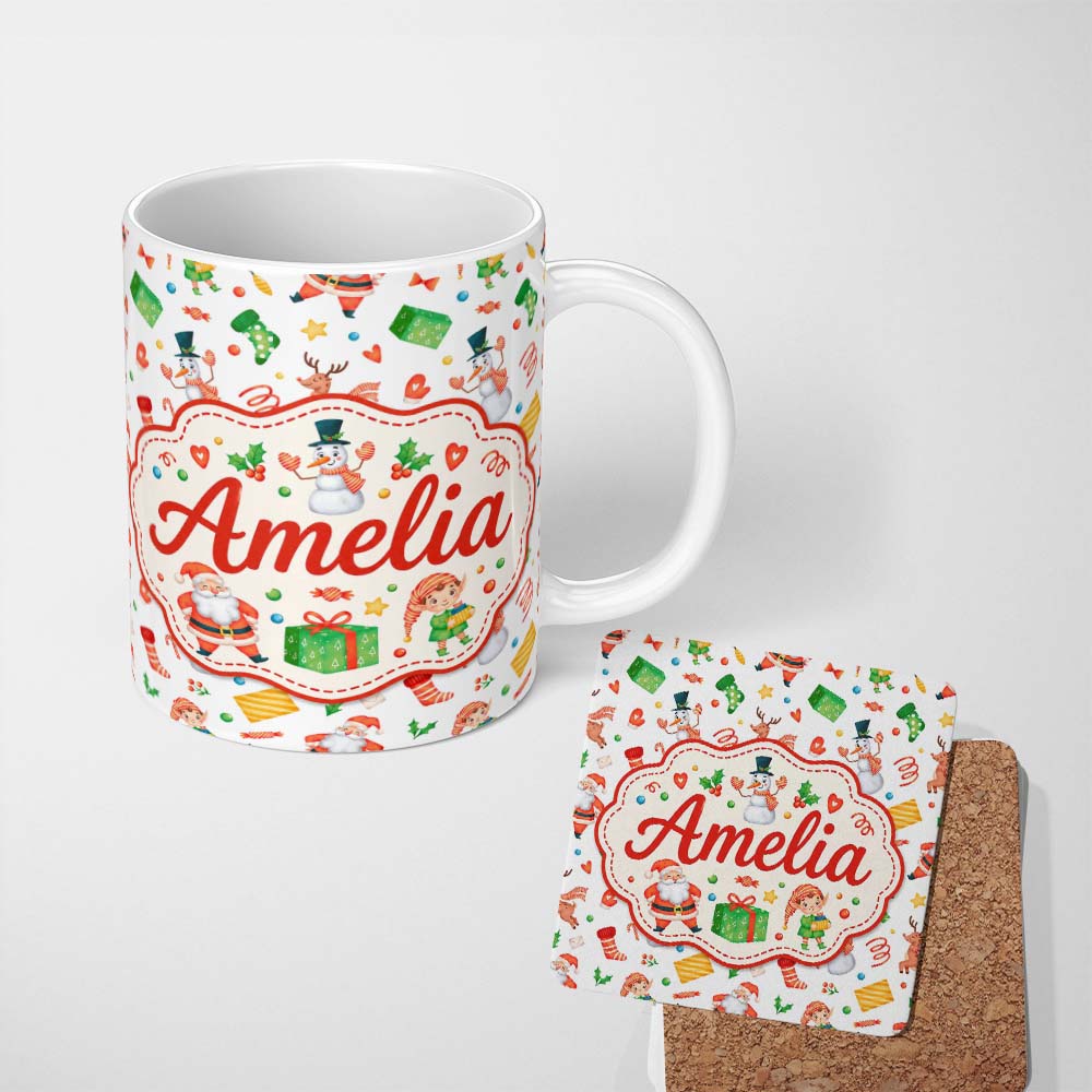 Personalized Custom Name Watercolor Santa Reindeer Snowman Elf Seamless Pattern Lovely 11oz Ceramic Coffee Tea Mug White Large Handle