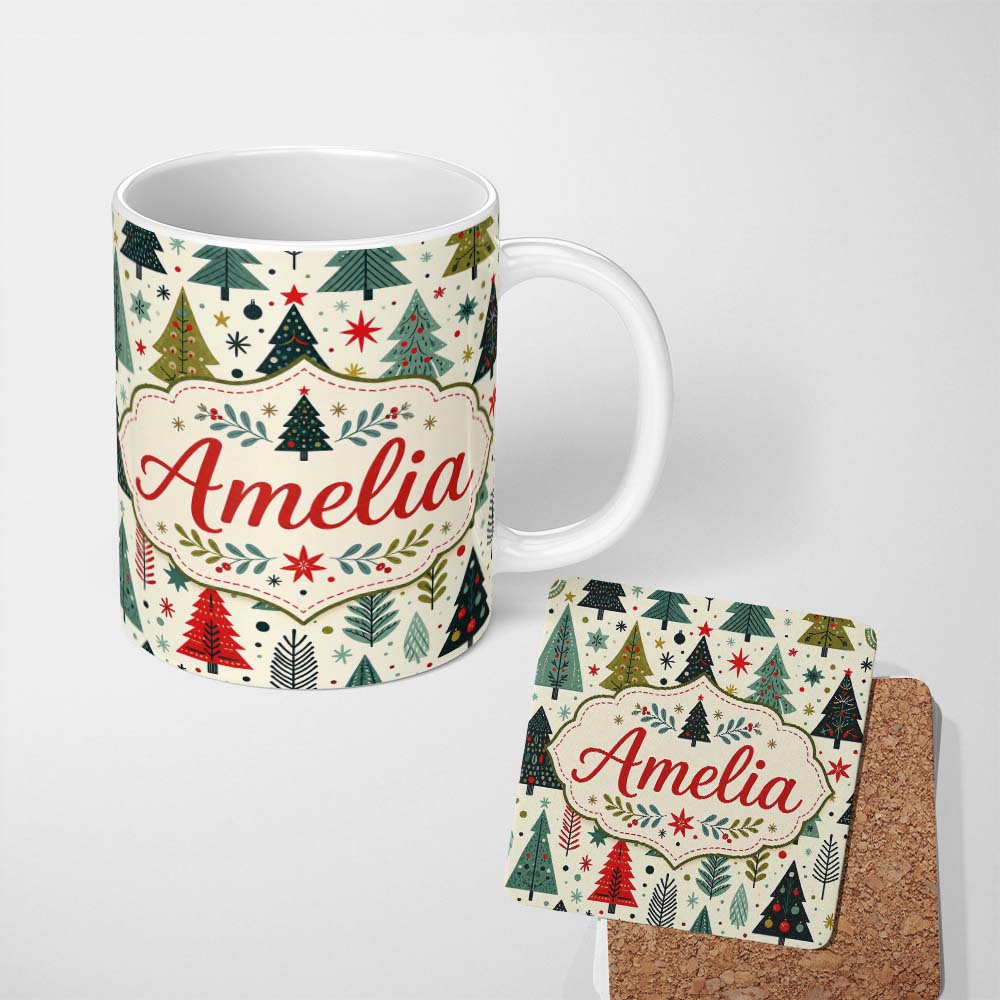 Personalized Custom Name Cute Scandinavian Christmas Tree Folk Art Seamless Pattern Lovely 11oz Ceramic Coffee Tea Mug White Large Handle