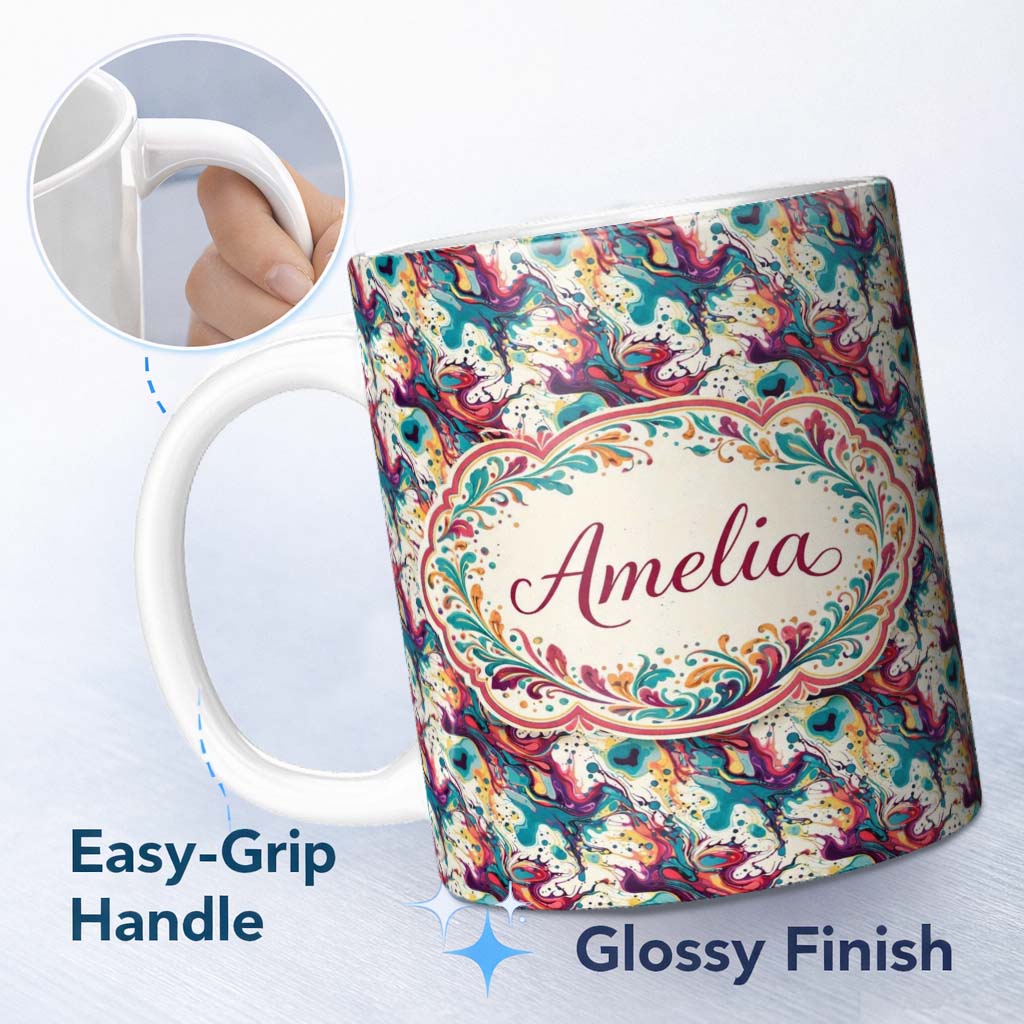 Personalized Custom Name Vibrant Fluid Art Pink Teal Yellow Abstract Pattern Cute Unique Gift 11oz Ceramic Coffee Tea Mug White Large Handle
