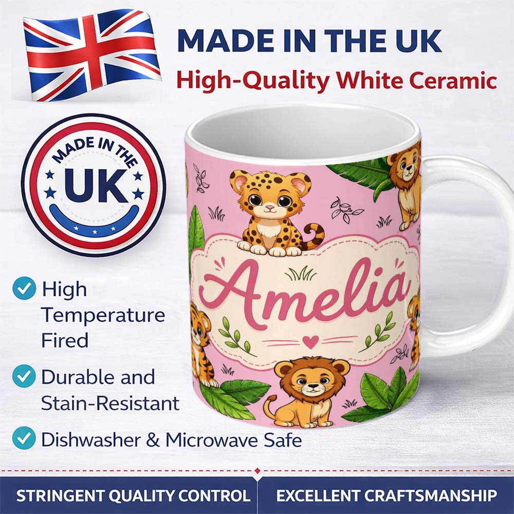 Personalized Custom Name Cute Jungle Animals Lion Tiger Leopard Tropical Leaves Soft Pink 11oz Ceramic Coffee Tea Mug White Large Handle
