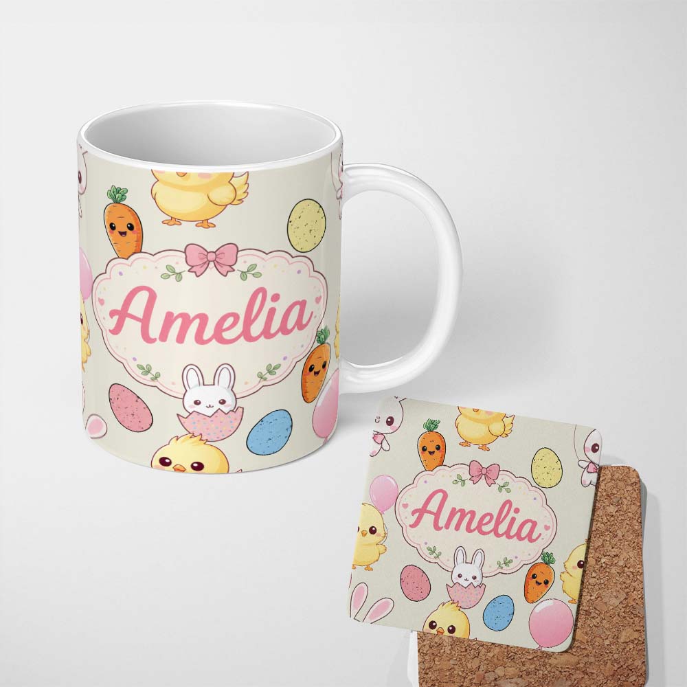 Personalized Custom Name Cute Easter Bunny Chick Eggs Carrot Cute Seamless Pattern Cream 11oz Ceramic Coffee Tea Mug White Large Handle