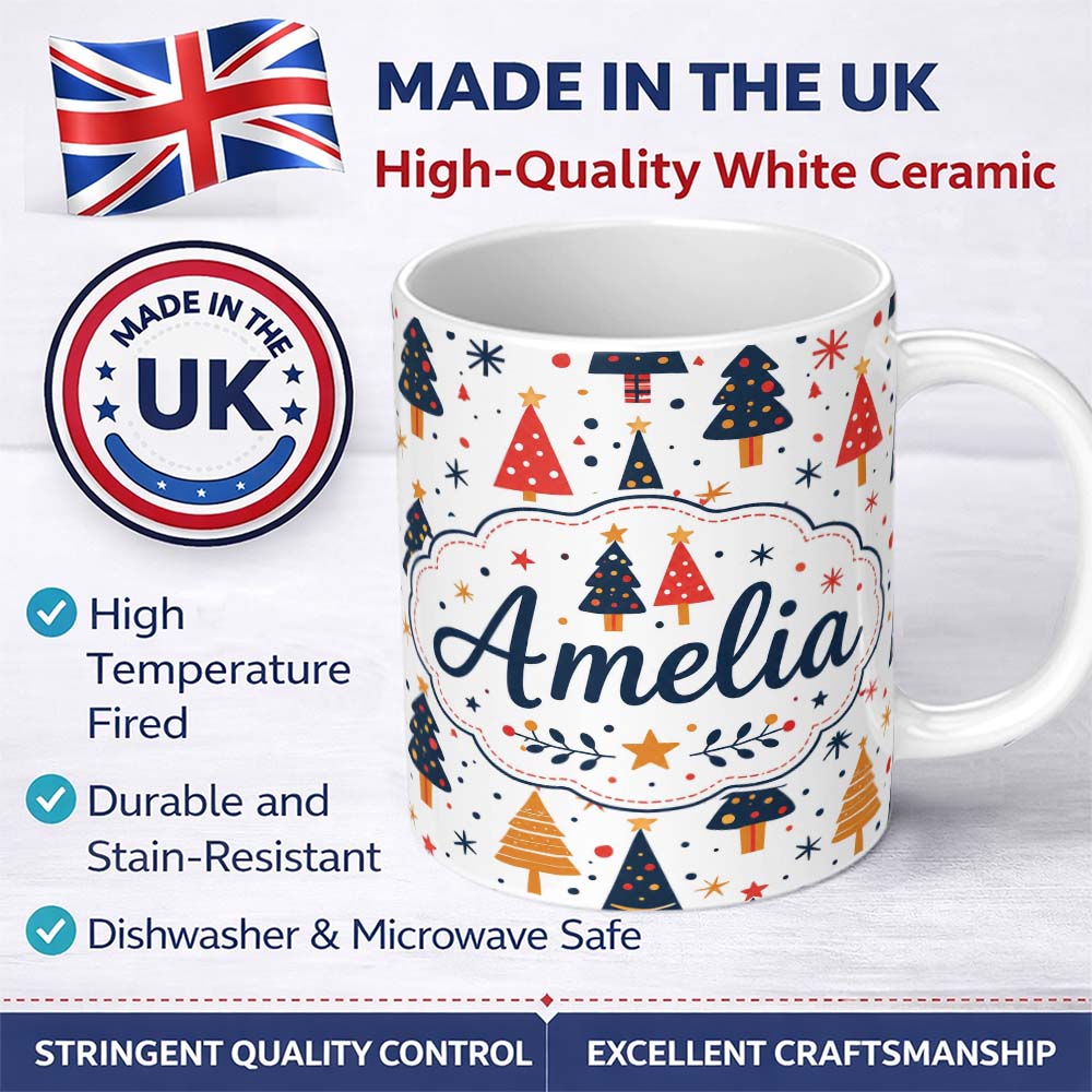 Personalized Custom Name Minimal Christmas Trees Red Blue Yellow Stars Modern Seamless Lovely 11oz Ceramic Coffee Tea Mug White Large Handle