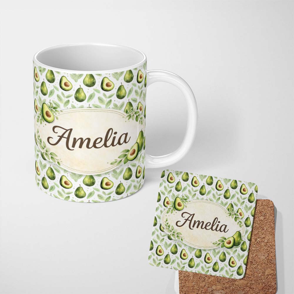 Personalized Custom Name Watercolor Avocado Botanical Pattern Perfect Gift for Her Lovely 11oz Ceramic Coffee Tea Mug White Large Handle