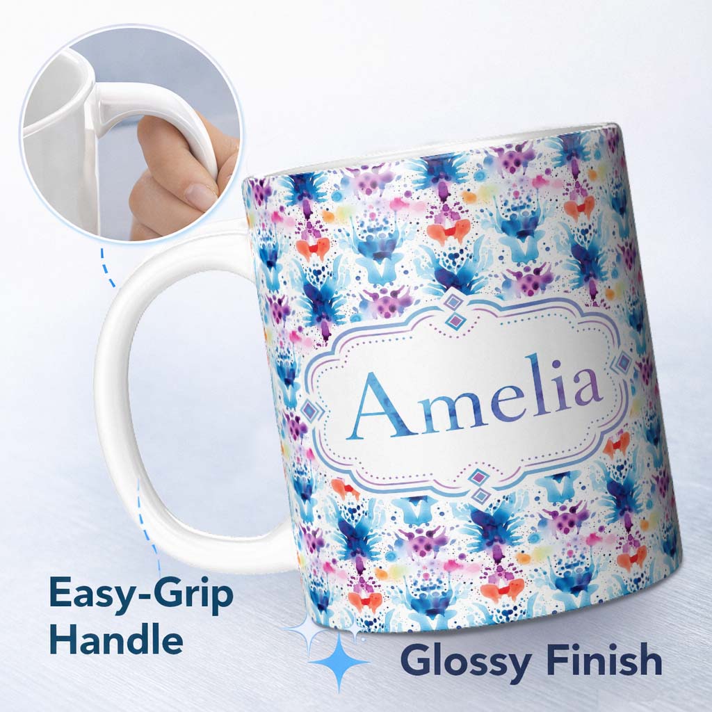Personalized Custom Name Blue Purple Watercolor Floral Abstract Artistic Seamless Pattern 11oz Ceramic Coffee Tea Mug White Large Handle
