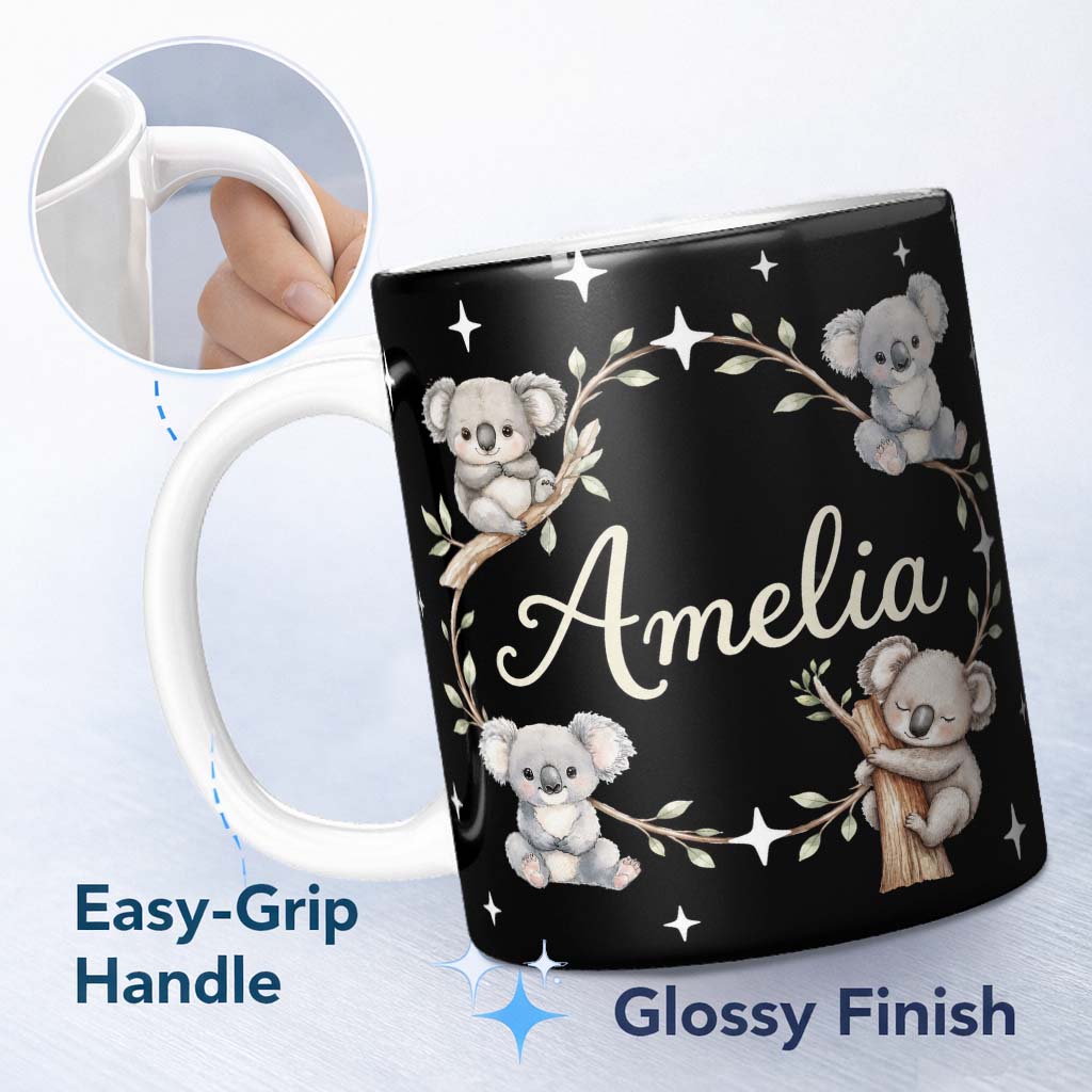 Personalized Custom Name Cute Cartoon Koala Bears with Stars on Soft Grey Background Seamless 11oz Ceramic Coffee Tea Mug White Large Handle